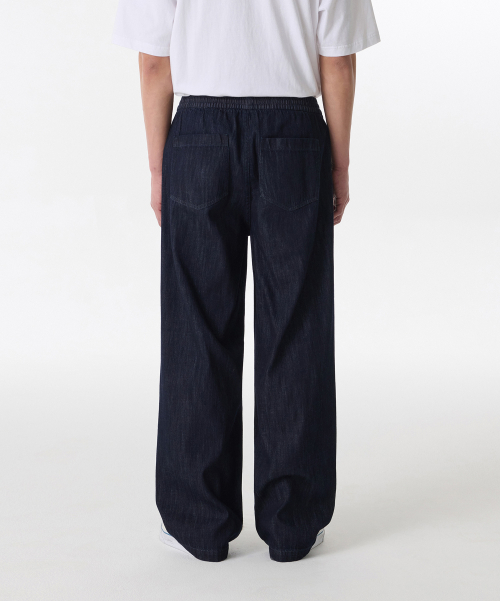 LINEN LIKE ONE TUCK WIDE BANDING DENIM PANTS [DEEP INDIGO]