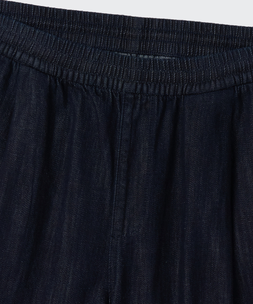 LINEN LIKE ONE TUCK WIDE BANDING DENIM PANTS [DEEP INDIGO]
