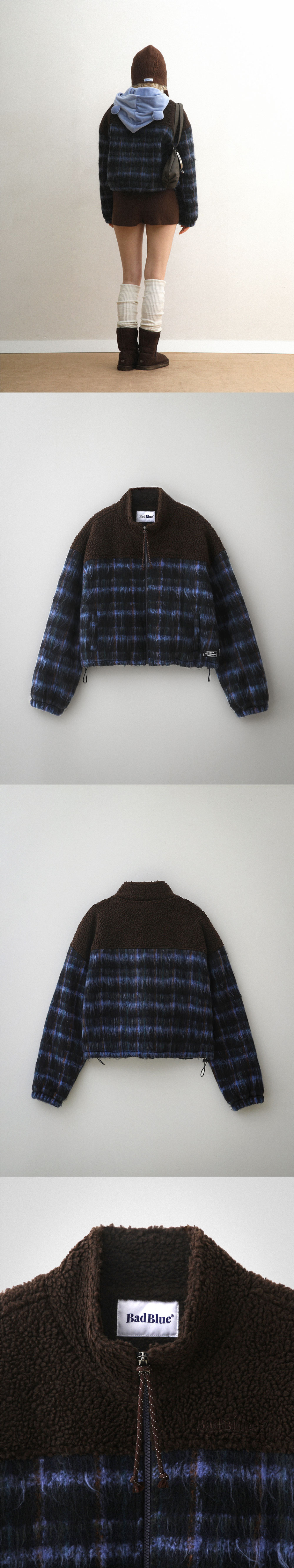 BAD BLUE ♥ Fleece & Wool Check Crop Jacket/ 追跡付 MUSINSA | BADBLUE Fleece Wool Check Crop Jacket Navy