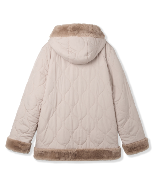 Женский двусторонний стеганый бомбер с мехом boa_Deep Beige