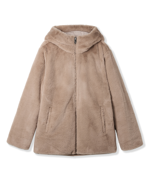 Женский двусторонний стеганый бомбер с мехом boa_Deep Beige