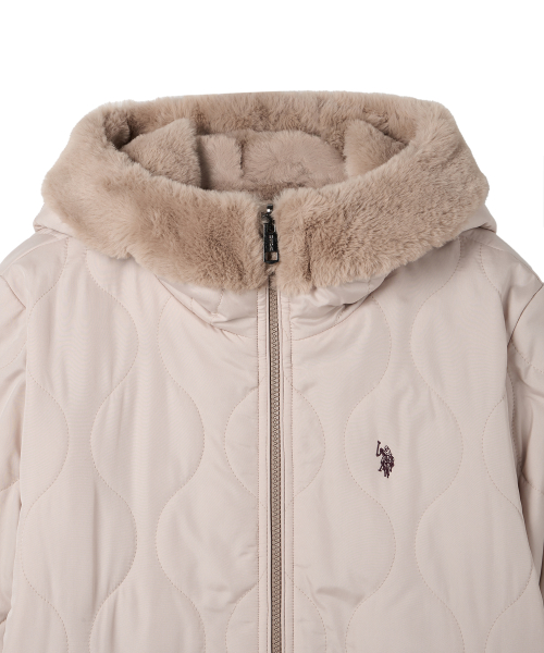 Женский двусторонний стеганый бомбер с мехом boa_Deep Beige