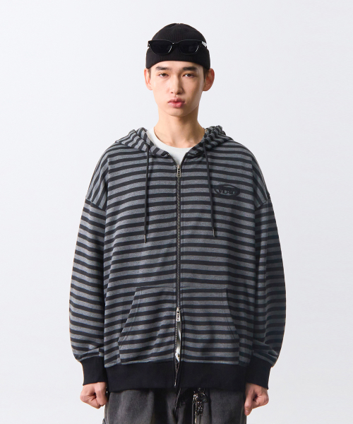 VLAD STRIPE LOGO HOODED ZIP-UP_BLACK&GRAY