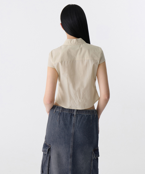 WOMENS CRINKLE кепка SLEEVE укороченный рубашка [LIGHT BEIGE]