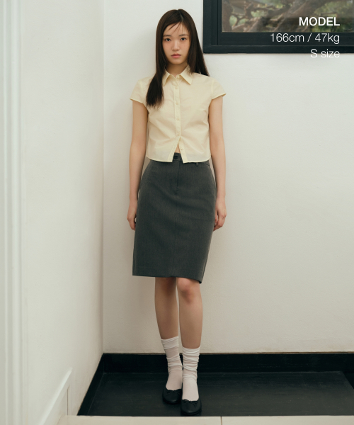 WOMENS CRINKLE кепка SLEEVE укороченный рубашка [LIGHT BEIGE]