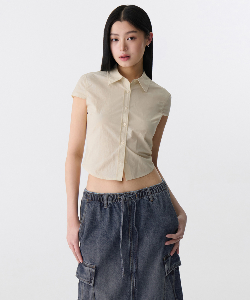 WOMENS CRINKLE кепка SLEEVE укороченный рубашка [LIGHT BEIGE]