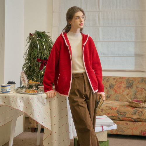 SR_Two-way zip-up hooded cardigan_RED