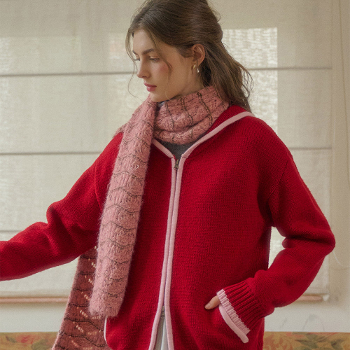 SR_Two-way zip-up hooded cardigan_RED