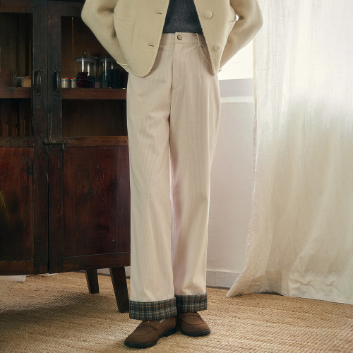 SR_Corduroy plaid roll-up pants