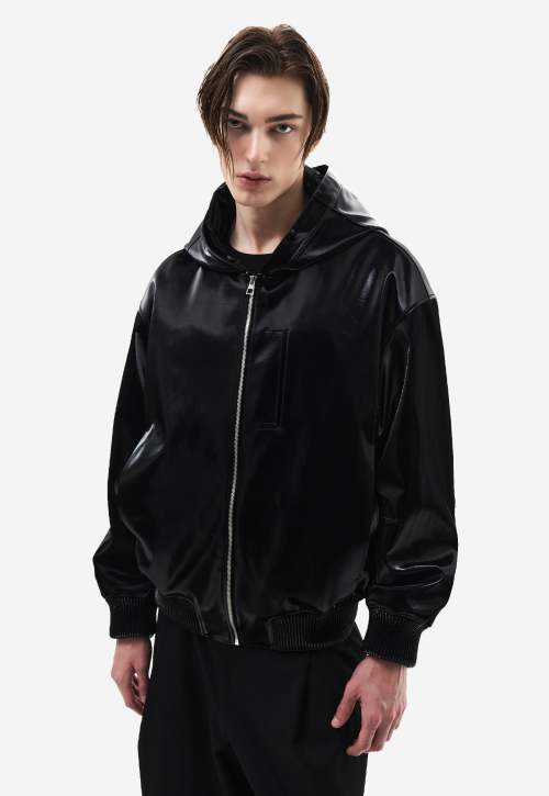 high gloss leather hood пуховик black ZH2LT206BK