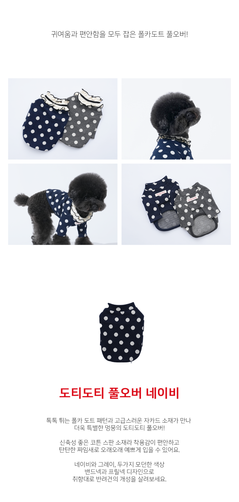 네이비 바닥에 화이트 도트 패턴의 티셔츠를 입은 강아지