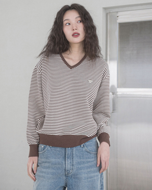 ROSE STRIPE V-NECK KNIT(BROWN)