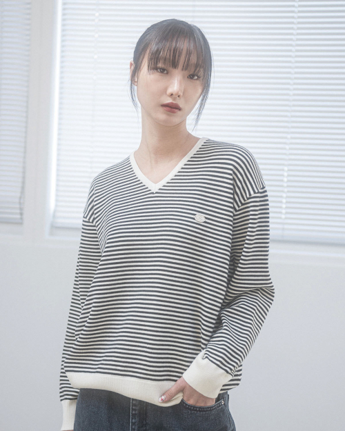 ROSE STRIPE V-NECK KNIT(IVORY)