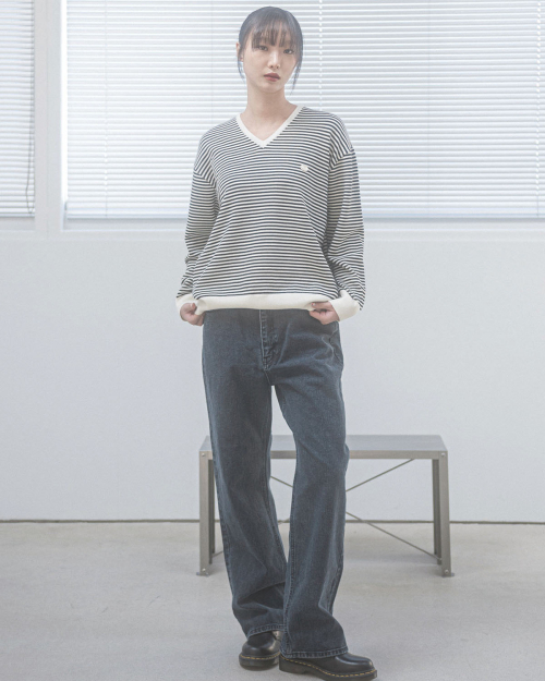 ROSE STRIPE V-NECK KNIT(IVORY)