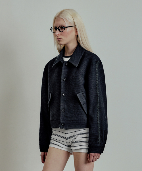 (W) Tweedy button blue jacket navy