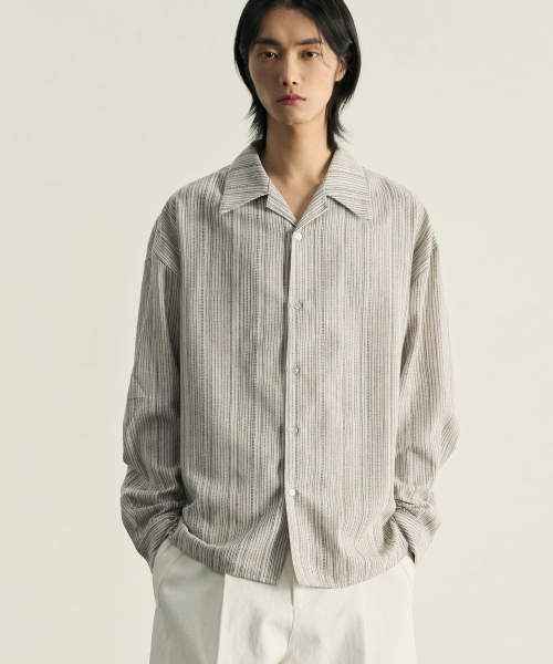 LINEN OPEN COLLAR PENCIL STRIPE SHIRT [OATMEAL]