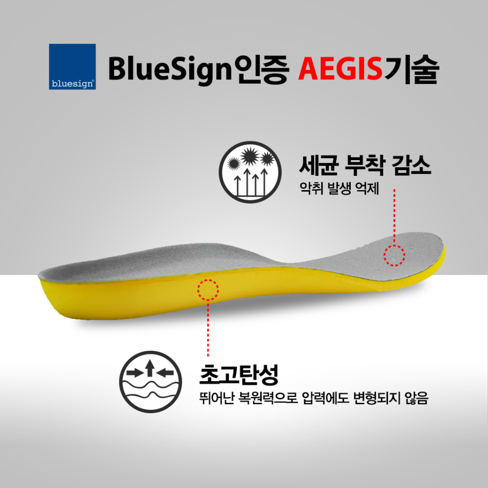 인솔(깔창)은 BlueSign 인증을 받은 AEGIS 기술이 적용되어 세균과 악취 발생을 억제합니다.