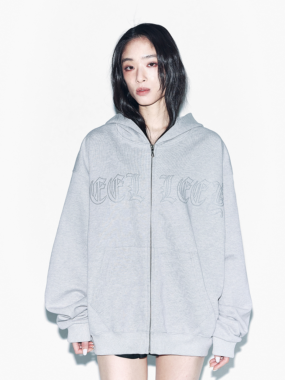 MUSINSA | L.E.E.Y STUDDED ZIP-UP HOODIE OVERSIZED GREY