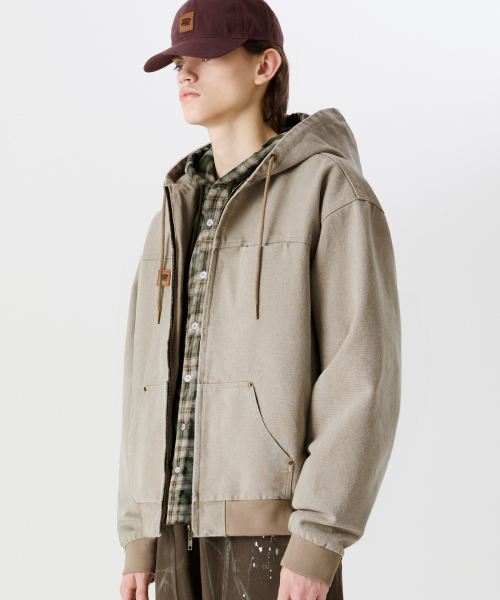 VINTAGE WASHED CANVAS WORK HOOD ZIP-UP [CREAM]