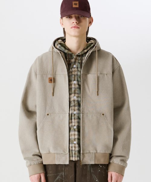 VINTAGE WASHED CANVAS WORK HOOD ZIP-UP [CREAM]