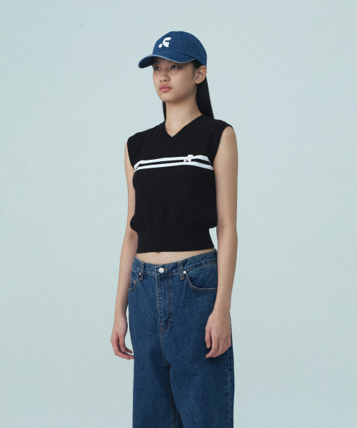 DOUBLE LINE KNIT VEST - BLACK