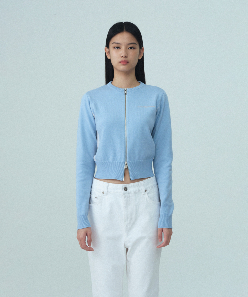 ROUND NECK KNIT ZIP-UP - SKY BLUE