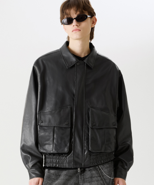 VEGAN LEATHER TWO POCKET BLOUSON JACKET [BLACK]