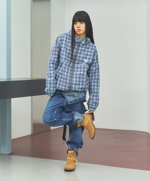 HOODED CHECK WIND BREAKER BLUE(CV2FSUB962A)