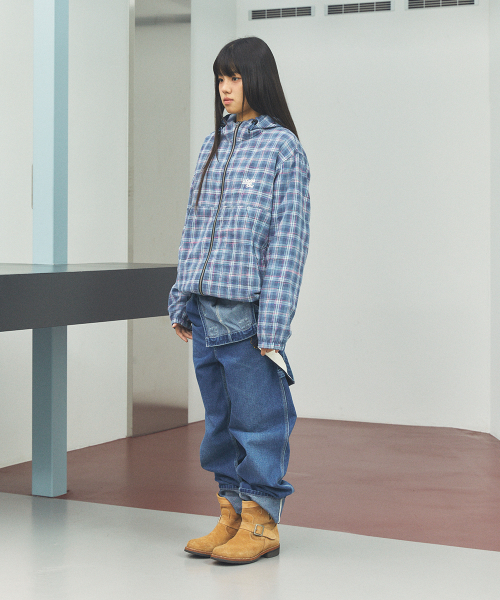 HOODED CHECK WIND BREAKER BLUE(CV2FSUB962A)