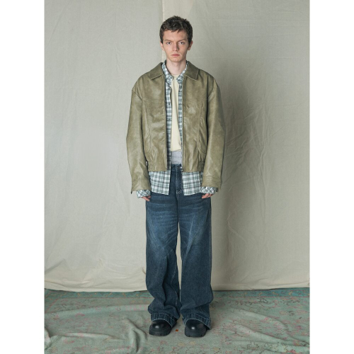 (UNISEX) Куртка из экокожи с ручной росписью olive