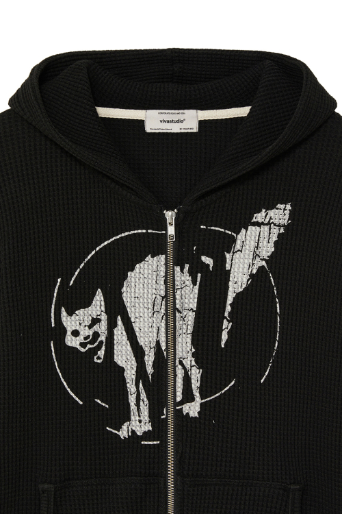 чёрный CAT WAFFLE ZIP-UP HOODIE [BLACK]