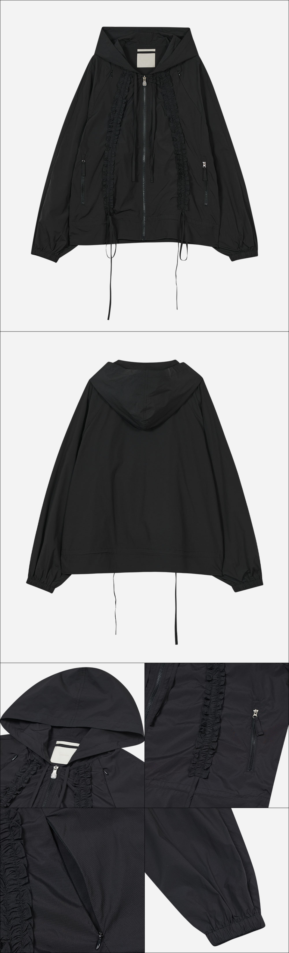 Ruffled Raglan Zip Hoodie [Black] 상세 이미지 3