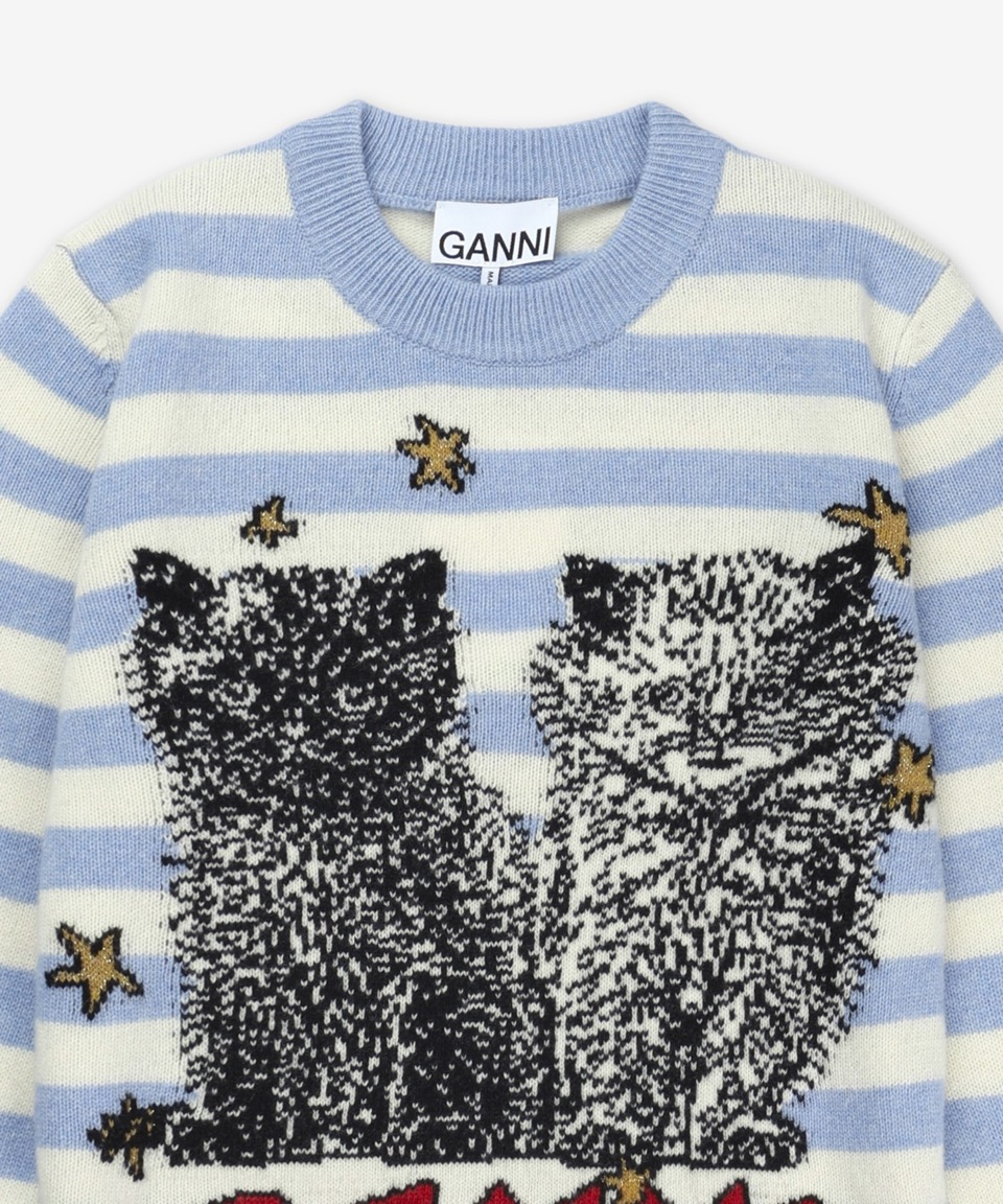 Ganni Striped Graphic Wool Mix Cats Knit Illusion Blue K2369