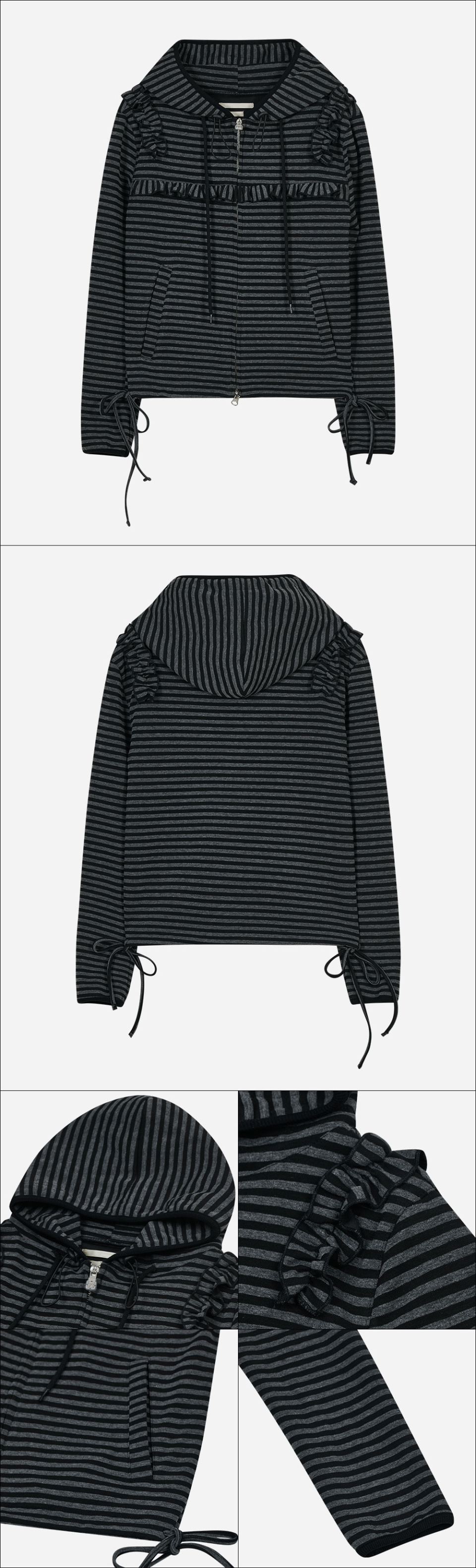 Ruffled Stripe Zip Hoodie [Black] 상세 이미지 4