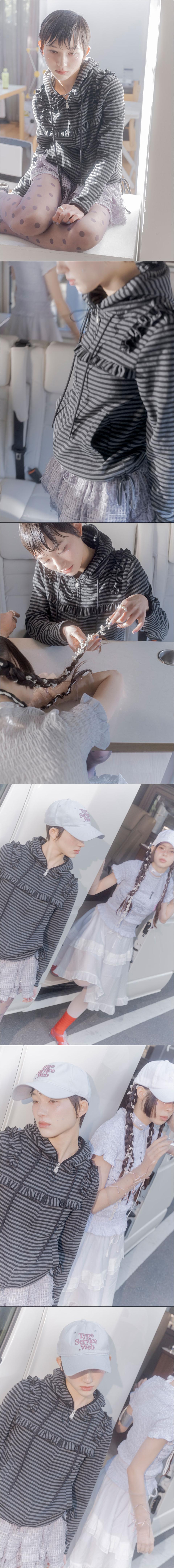 Ruffled Stripe Zip Hoodie [Black] 상세 이미지 3