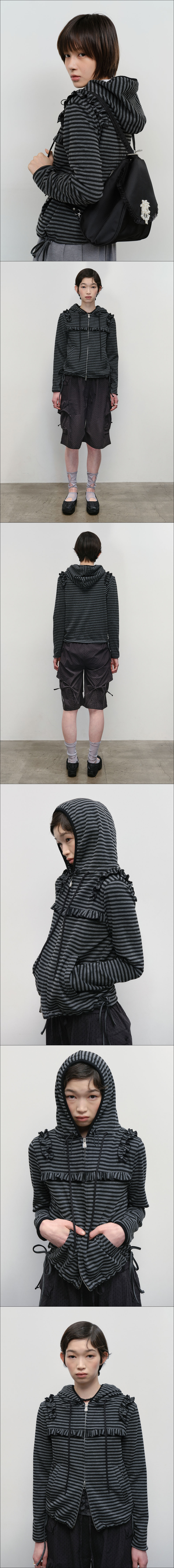 Ruffled Stripe Zip Hoodie [Black] 상세 이미지 2