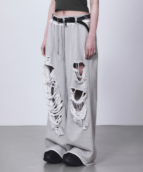 Scratch Damage Wide Sweat Pants [ Melange Gray ]