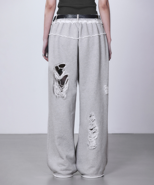 Scratch Damage Wide Sweat Pants [ Melange Gray ]