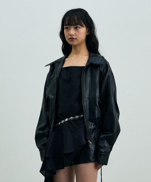 PAMELA LEATHER BOMBER JACKET / BLACK