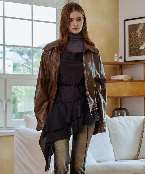 PAMELA LEATHER BOMBER JACKET / BROWN