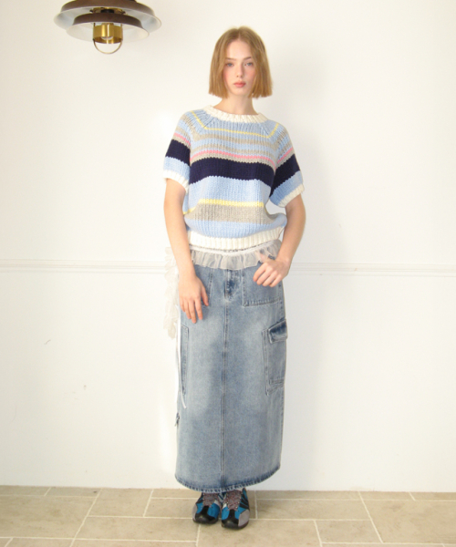 MULTI STRIPE SHORT SLEEVE KNIT SOFT BLUE