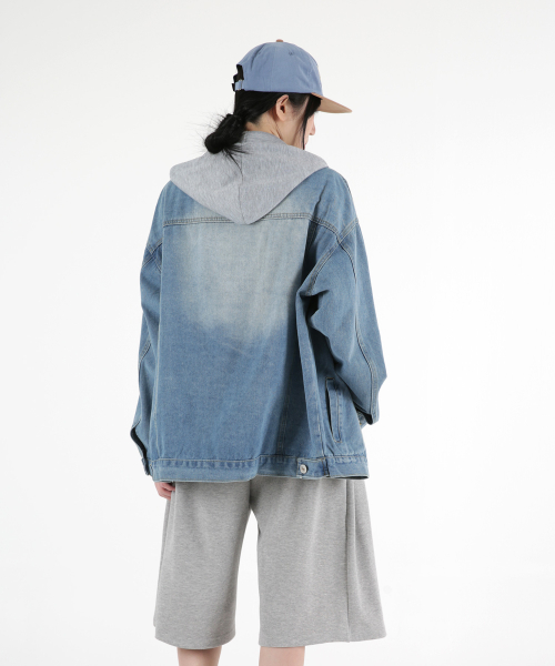Women hood overfit washing denim jacket