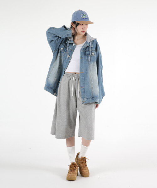 Women hood overfit washing denim jacket