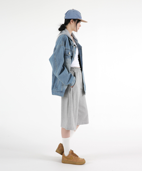 Women hood overfit washing denim jacket