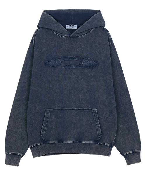 Pigment Washed Denim Applique Hoodie Navy