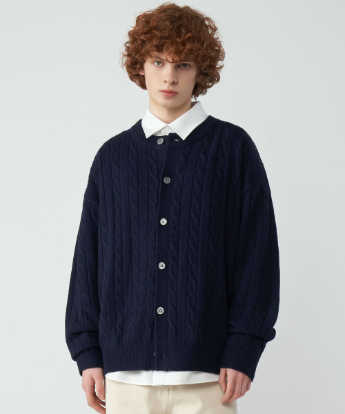 Oversized Fit Cable Round Knit Cardigan 4 Colors