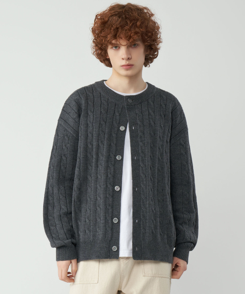 Oversized Fit Cable Round Knit Cardigan 4 Colors