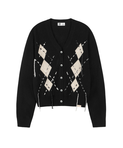 Argyle Stitch Knit Cardigan - Black