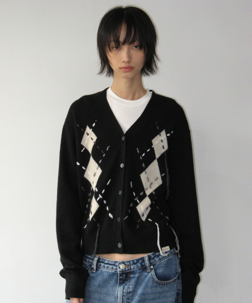 Argyle Stitch Knit Cardigan - Black