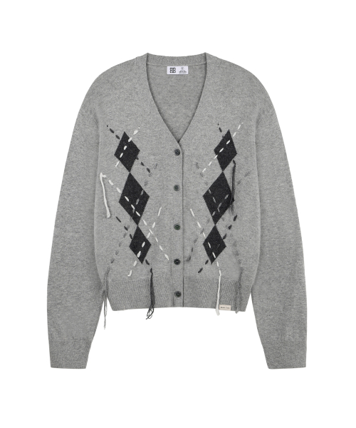 Argyle Stitch Knit Cardigan - Gray